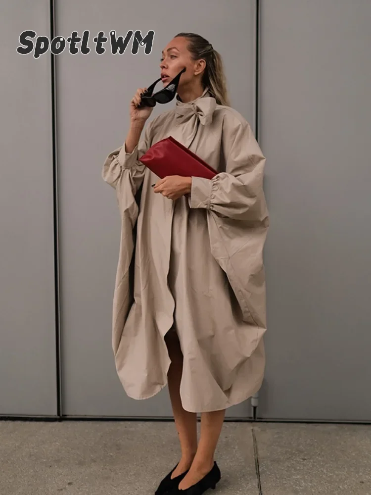 Women's Khaki Stand Collar Long Trench Coat Long Lantern Sleeve Oversized Loose Maxi Windbreaker Lady Daily Casual Outerwear