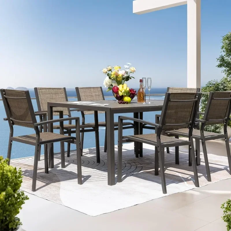 Ensemble de salle à manger d'extérieur avec table à degrés météo et 6 chaises en textilène pour cour, pont, marron, 7 pièces