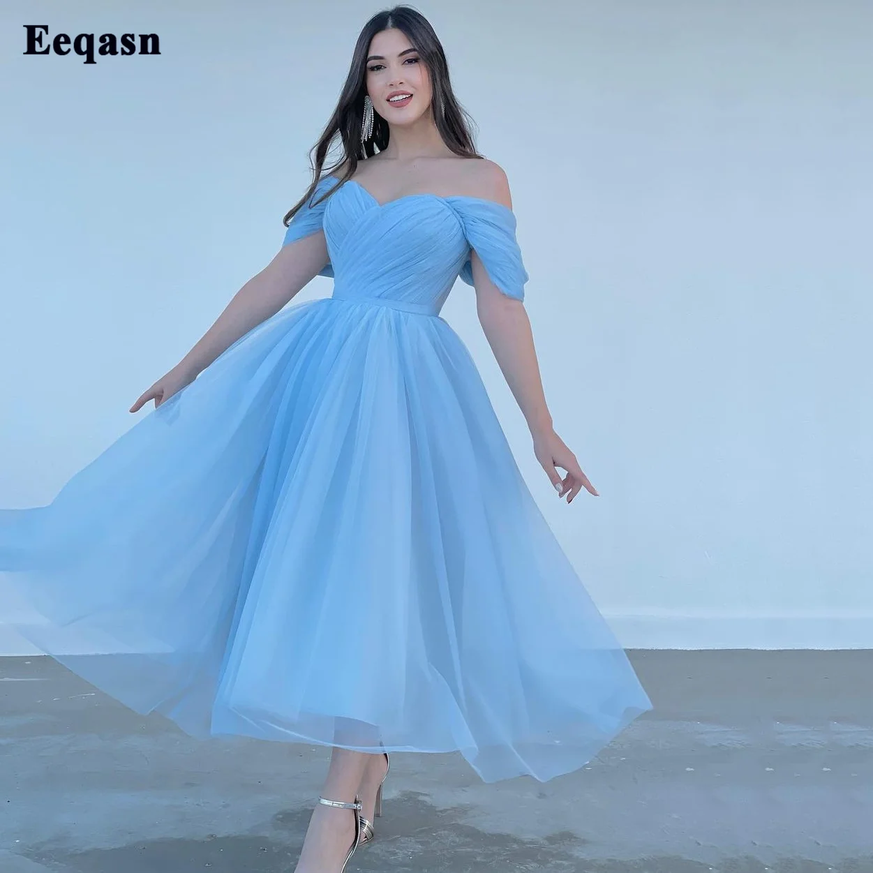 Bafftafe Customized Sky Blue Short Prom Dresses Corset Back Tea-Length Evening Gowns Formal Wedding Party Bridesmaid Dress