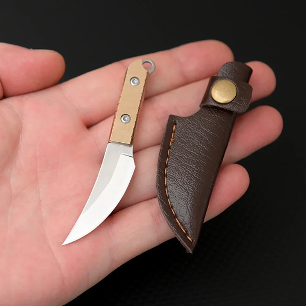 NEW Mini stainless steel knife with brass handle, outdoor portable cutting, unboxing, keychain, knife with small leather case