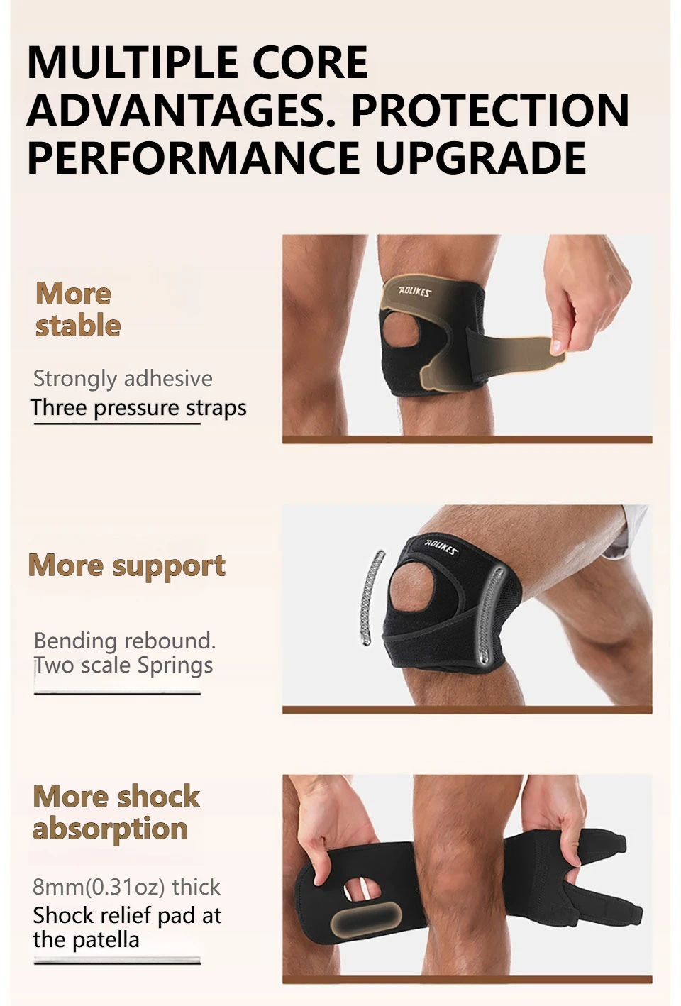 AOLIKES 1 Stück Neue Kniescheiben-Sehnenstütze für Damen & Herren, Verstellbare Kniebandage mit Gelkissen & Seitenstabilisatoren – Detail 6
