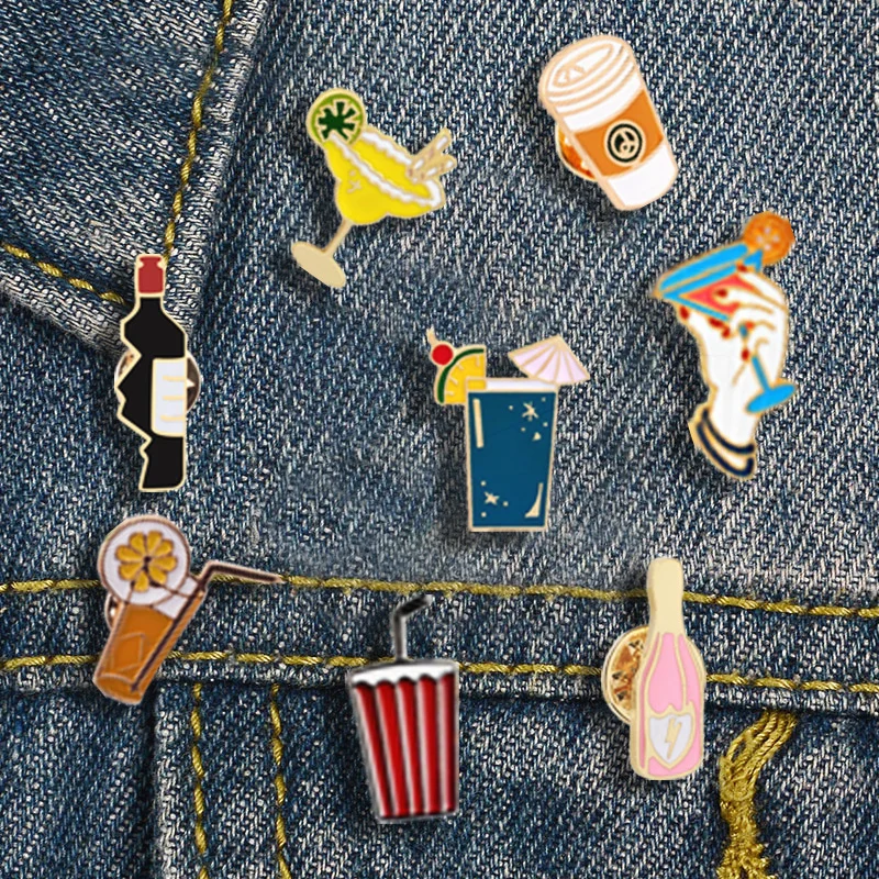 Brooch Fruit Juice Coffee Wine Tea Cup Pin Denim Jackets Badge Pines for Women Jewelry Summer Beach Fashion Cartoon Enamel