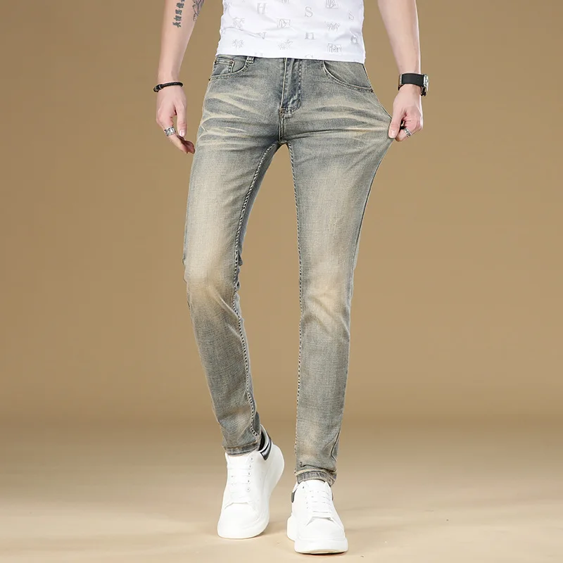 Retro Jeans Men's Simple Fashion Brand Slim Fit Skinny High-End Casual All-Match Stretch Worn Looking Washed-out Pants