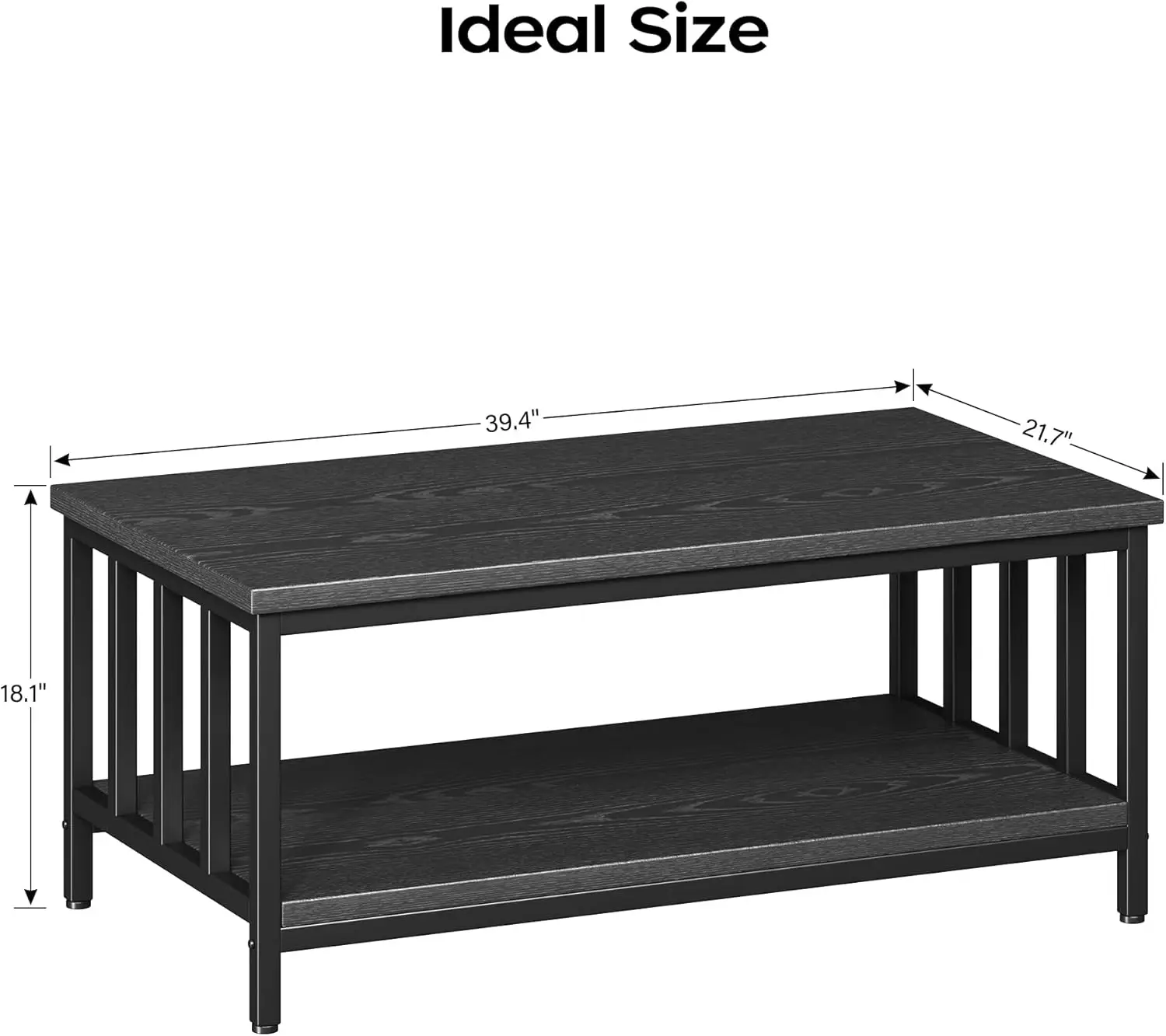 Coffee Table for Living Room with Slatted Sides Frame, Modern Farmhouse Living Room Table with 2-Tier Storage Shelf