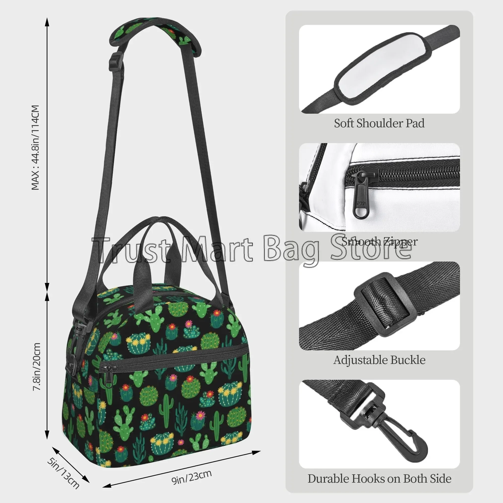 Fresh Blooming Cactus Green Floral Thermal Lunch Bag with Adjustable Strap Insulated Cooler Tote for Work Picnic Travel Beach