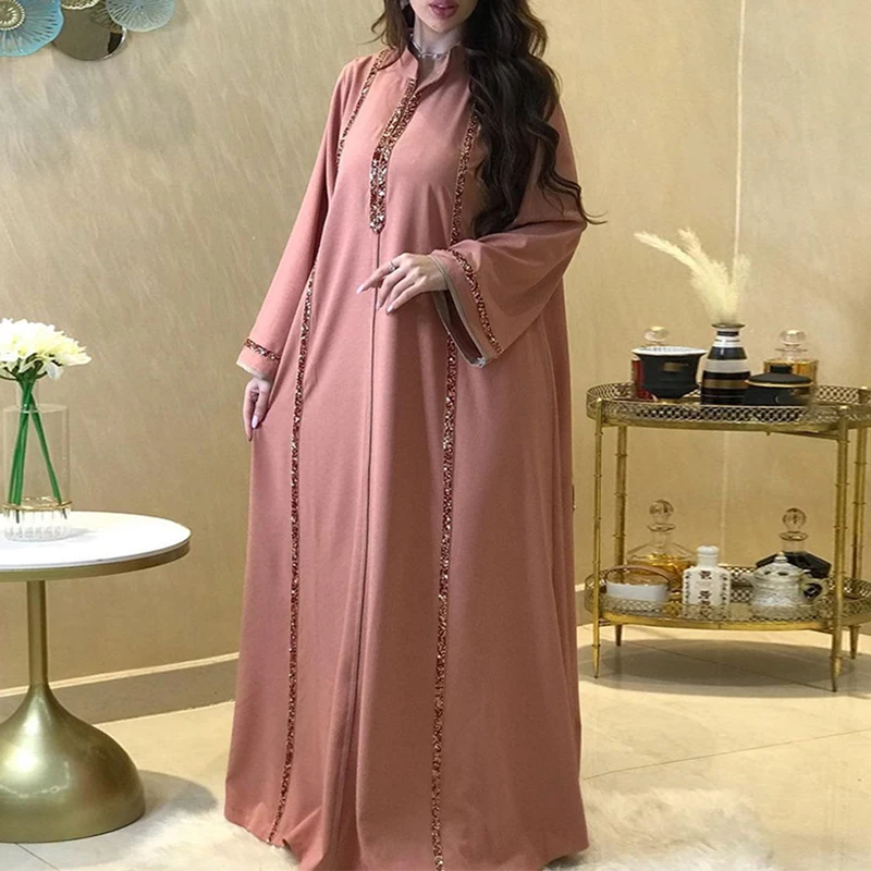 فستان أنيق بأكمام طويلة للخريف للنساء بخصر عالٍ فساتين للتنقل مسلمة جديدة Sueqins مرقعة فضفاضة