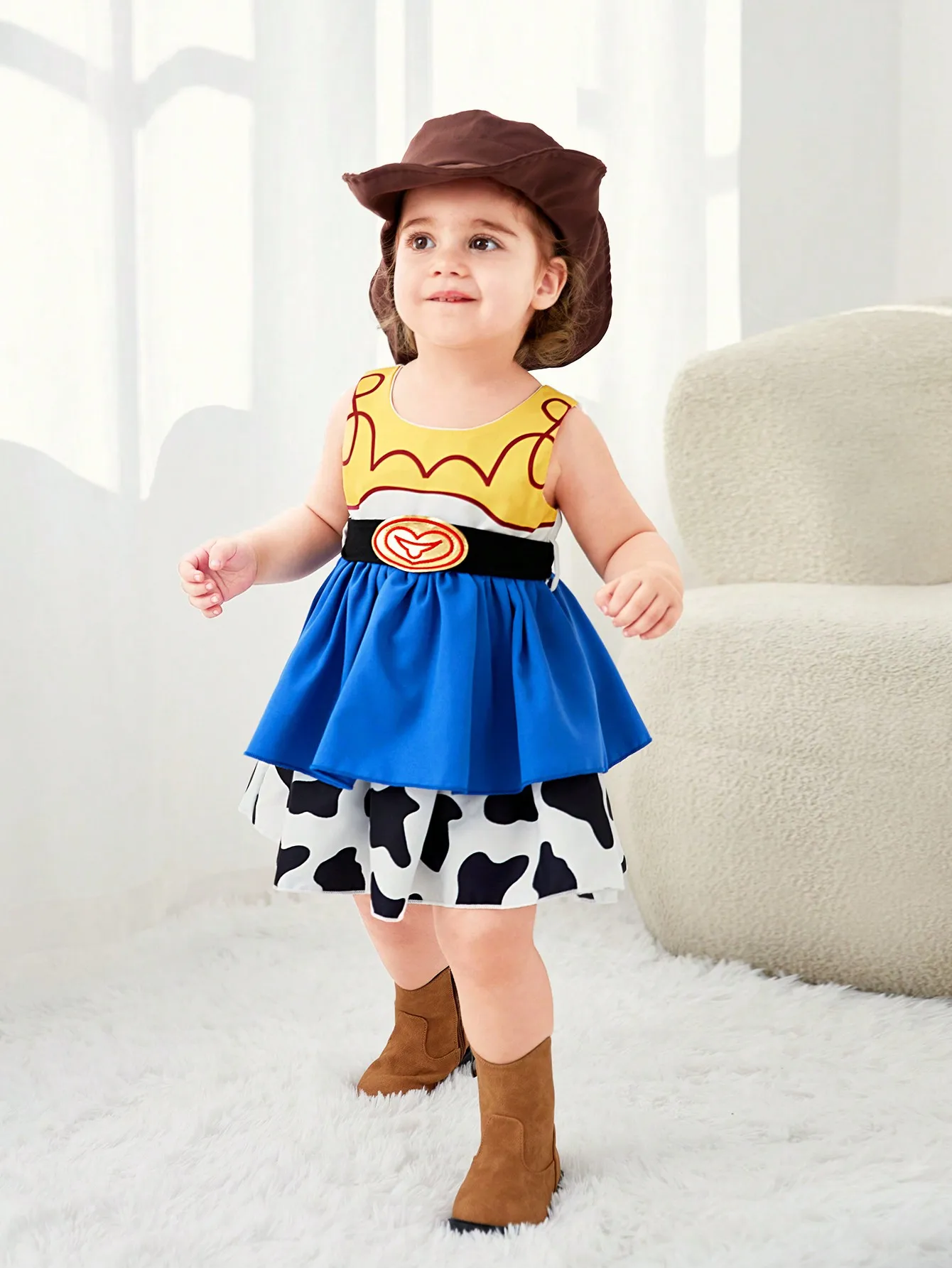 Girls Cartoon Cow Dress Children Cute Summer Round Neck Sleeveless Fluffy Dresses with Belt Kids Cosplay Costume Kids Clothes