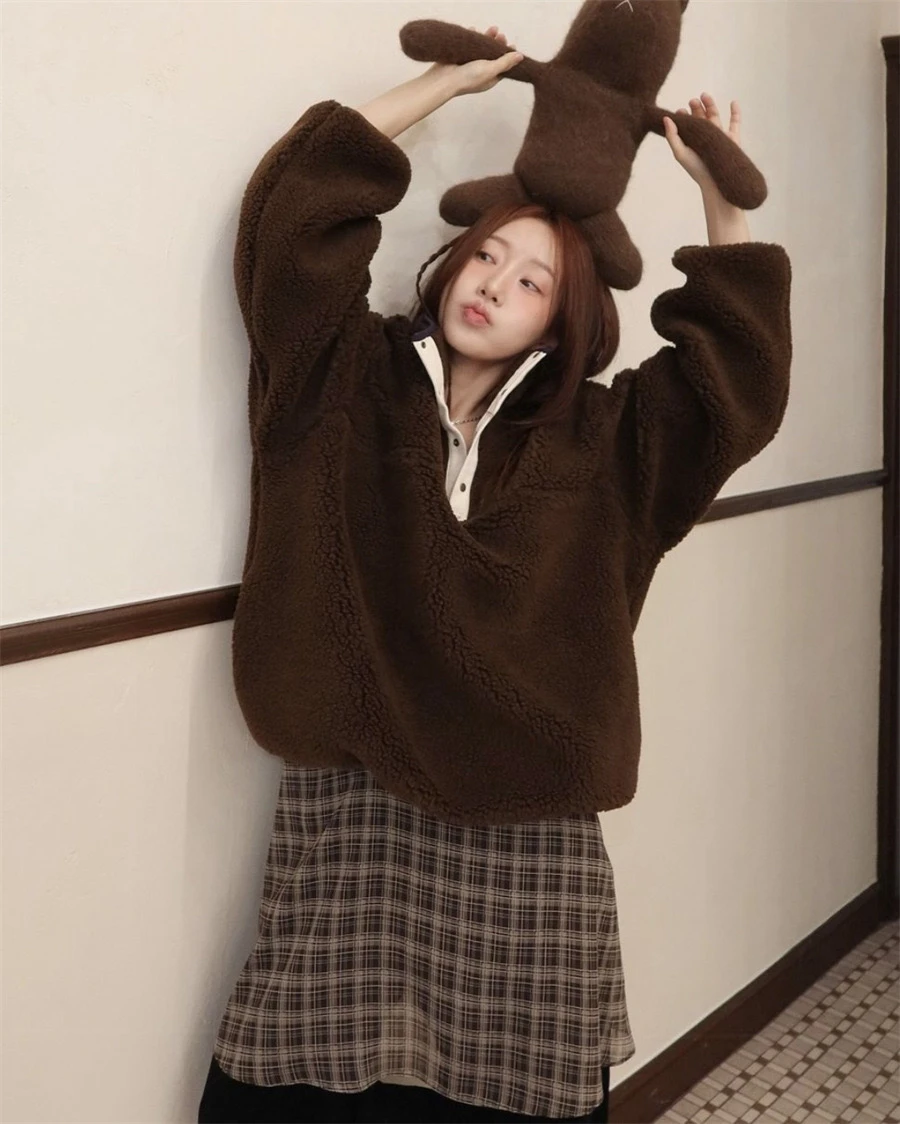 

Warm Lamb Fur Hooded Fce Sweatirt Jaet PREON Autumn Winter Outerwear Comfortable Soft Long Sve Zipper Closure ...