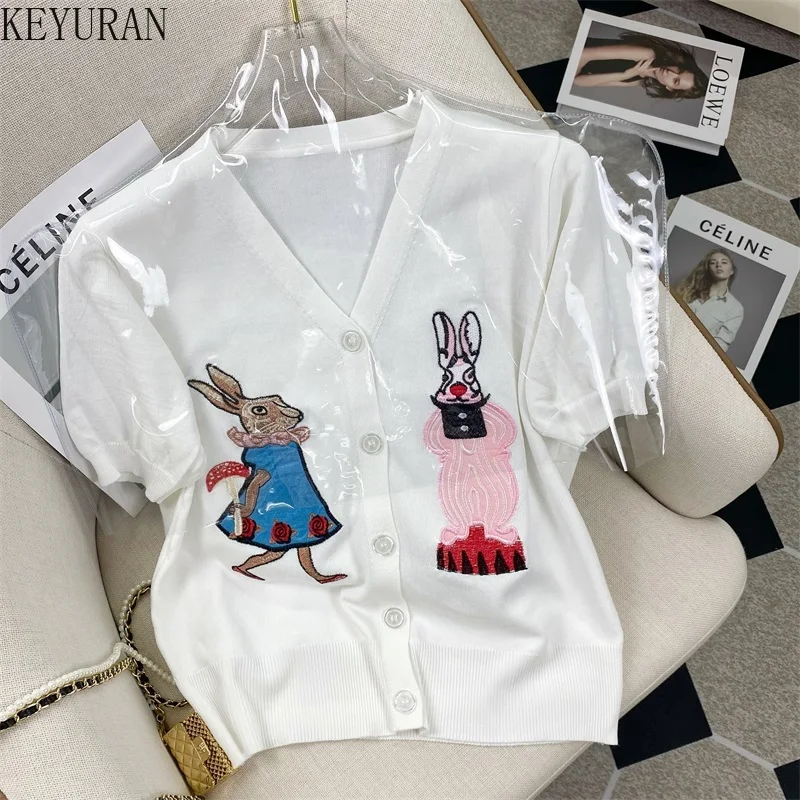 2024 Summer New V-neck Cartoon Rabbit Embroidery Knit Cardigan Woman Sweaters White Fashion Short-sleeved Knitwear Top Women