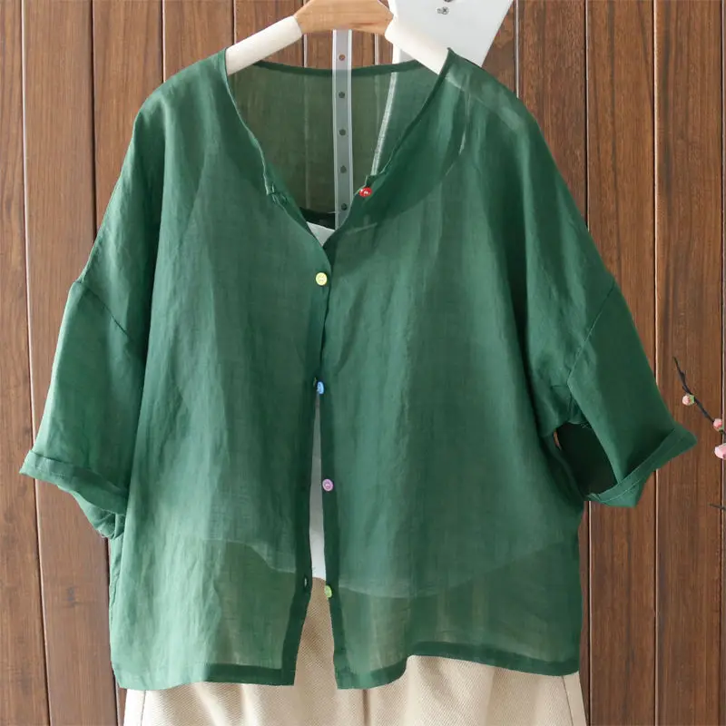 Elegante Losse Kantoor Dames Kleding Mode Casual Eenvoud Korte Mouw Comfortabele Effen Kleur Knop Zomer Blouses