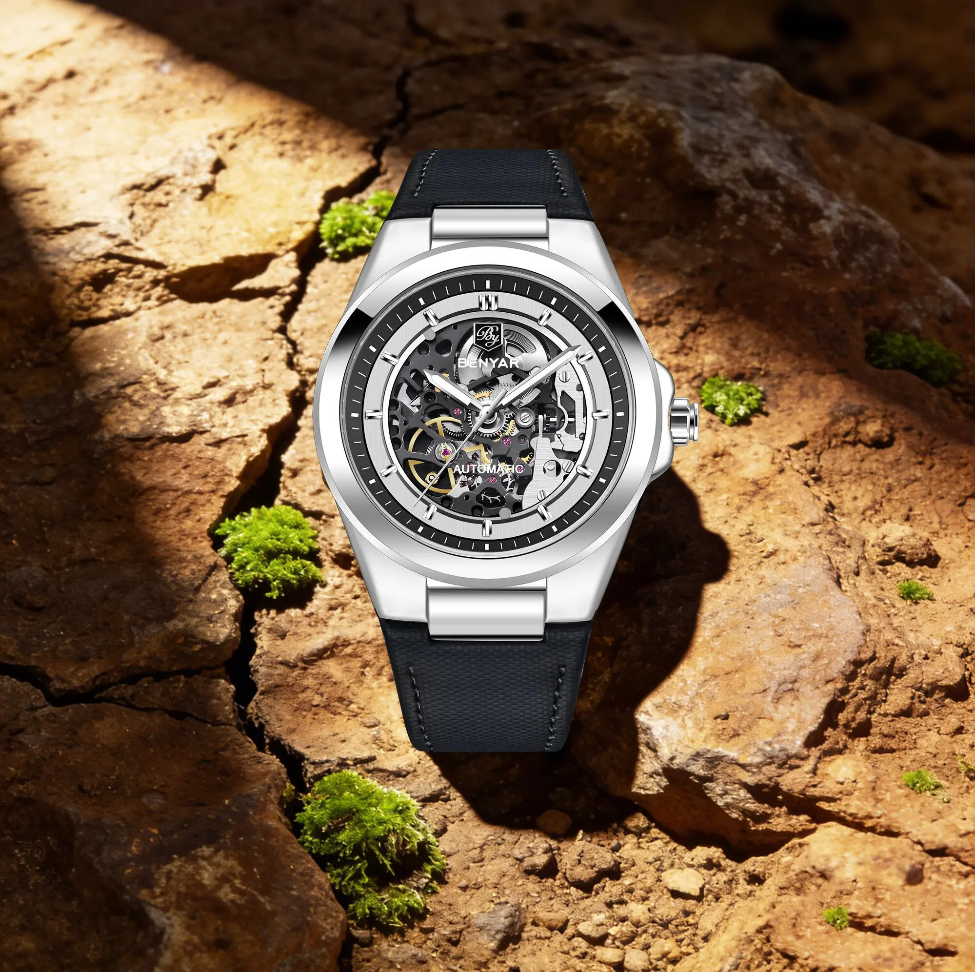 

Мужские автоматические механические часы BENYAR, 42 мм, деловой стиль, кожаный ремешок, полый циферблат, водонепроницаемые, светящиеся, с подарочной коробкой
