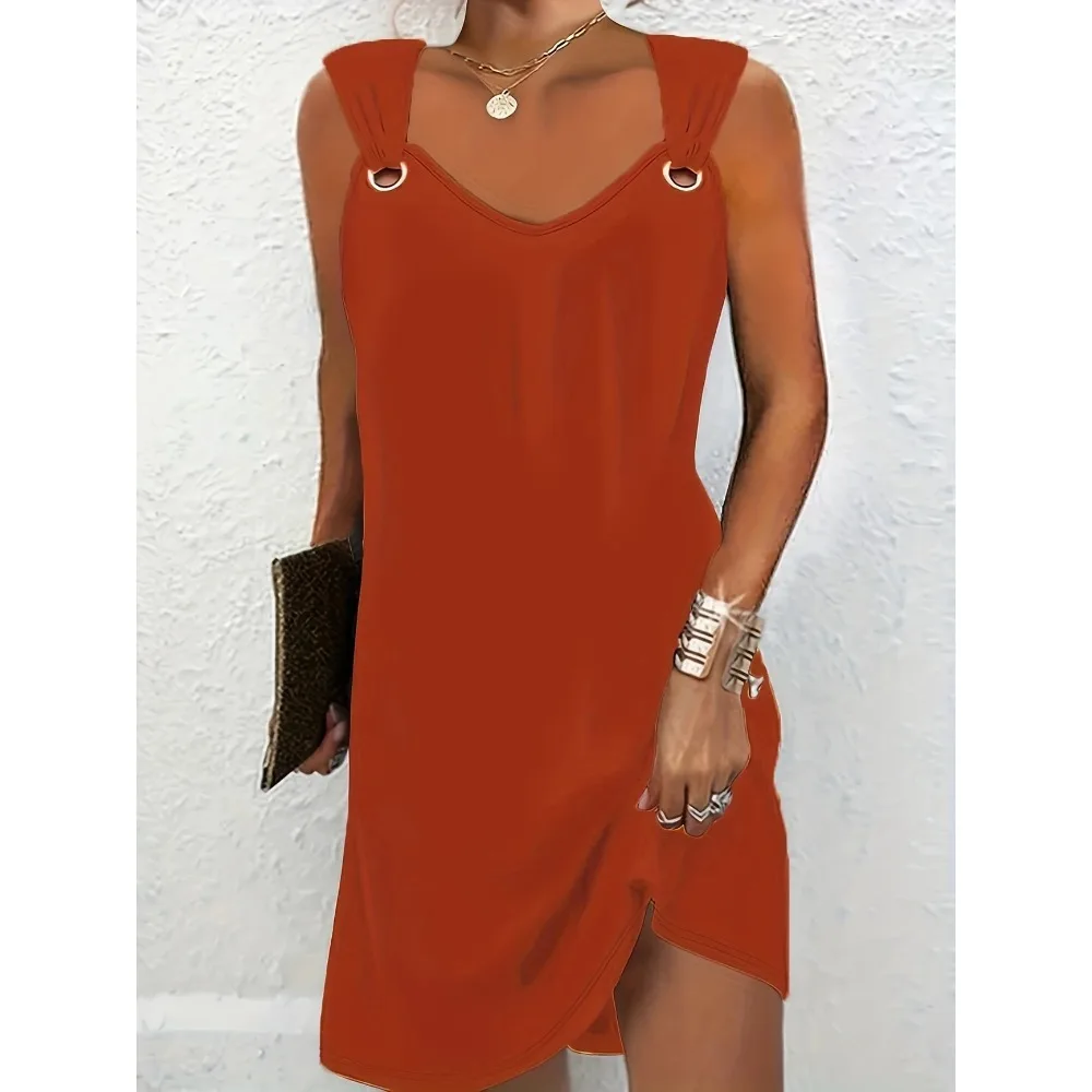 Vestido de talla grande 1XL-5XL para mujer, sin mangas, con cuello en V, detalle de botones de Metal, vestido informal de verano de longitud media amarillo vibrante