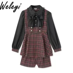 Japanese Mine Series Jirai Kei Plaid Two Piece Sets Ladies Autumn Sweet Lolita Women's Stitching Long Sleeve Dress Cute Outifits