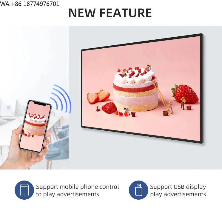 

55-дюймовый ультратонкий настенный цифровой HD-экран LCD для помещений, подвесное меню-табло для кафе