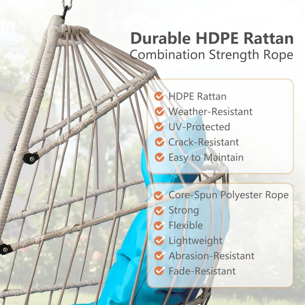 كرسي أرجوحة على شكل بيضة خارجي قابل للطي مع إطار من الروطان عالي الدقة وإطار من الألومنيوم، وسادة محمية من الأشعة فوق البنفسجية، بدون حامل متضمن