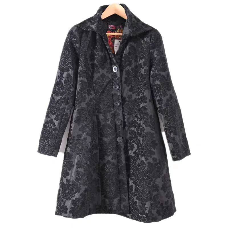 

Foreign trade original single Spanish uneven fashion new printed black medium long trench coat