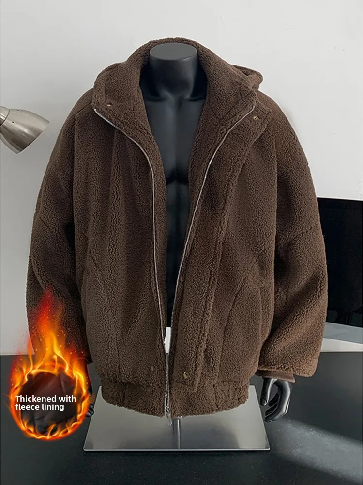 

Men's Autumn Winter Thiened Hooded Lamb Fur Jaet Cotton Padded Coat Warm Waterproof Long Sve Zipper Closure Color