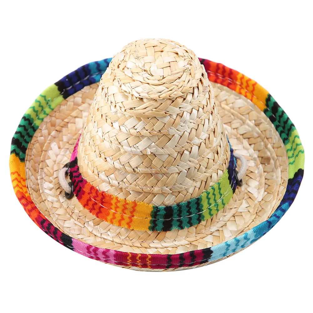 

Mini Straw Sombrero Summer Outdoor Party Hat For Small Pets/Puppy/Cat With Cotton Rope Adjustment