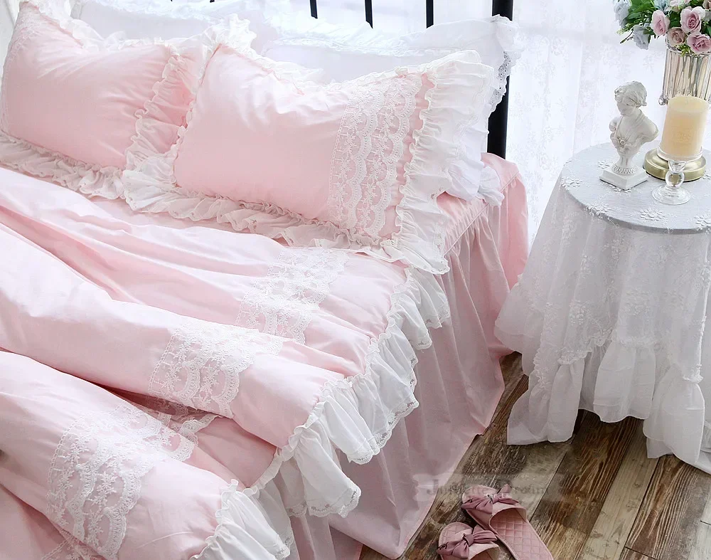 New romantic bedding set queen Franch style duvet cover set pink elegant lace ruffle cotton home bedding set designer bedding