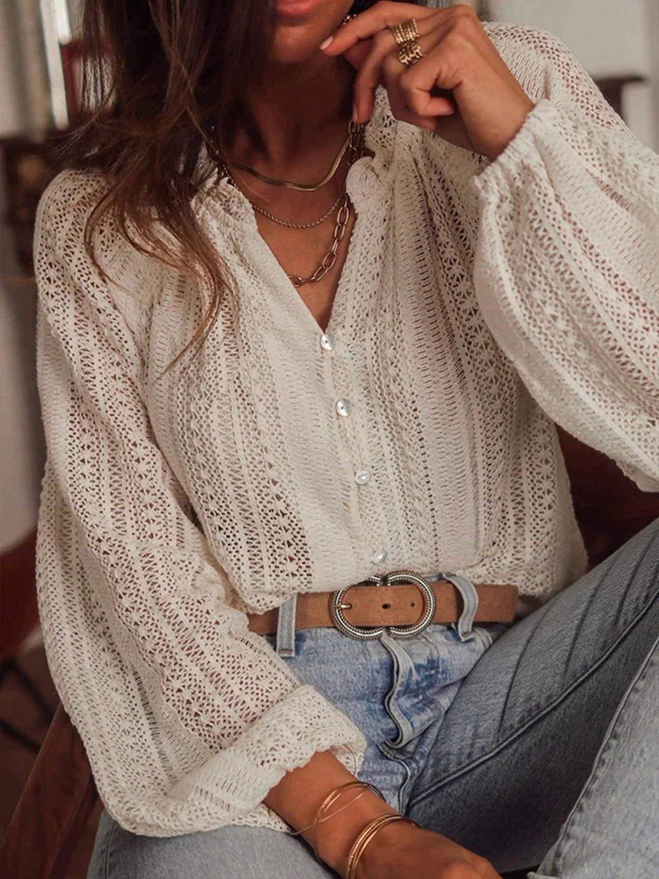 

2025 Spring and Autumn Long Sleeve Women's Shirt Loose Fashion All-Match Hollow Lace V-neck Single Breaked Blouses