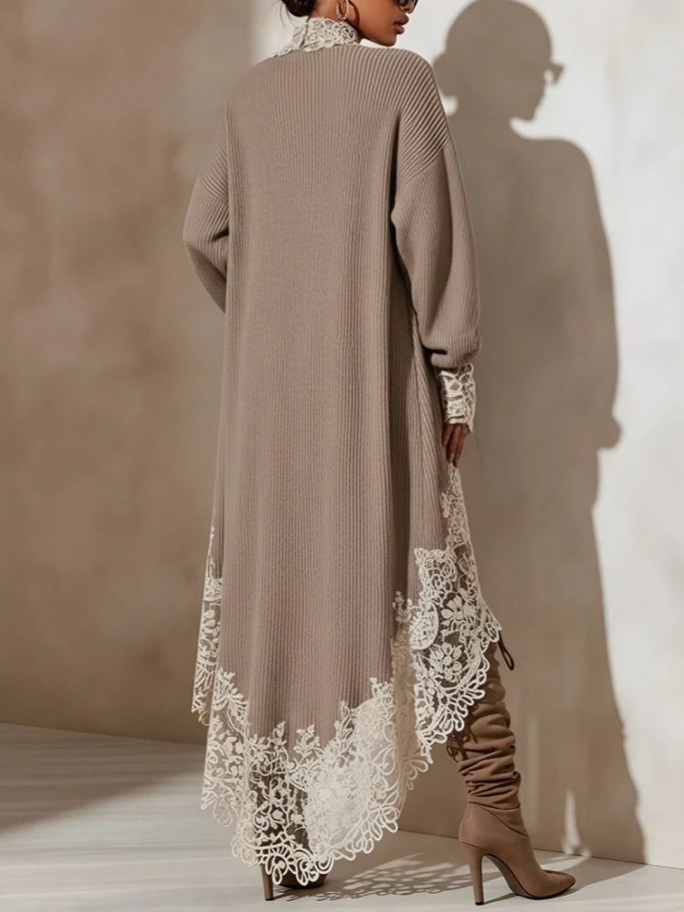 Women High Neck Lace Patchwork Knit Dress Long Sleeve Oversized Asymmetrical High Low Hem Ribbed Dress Casual Fall Winter