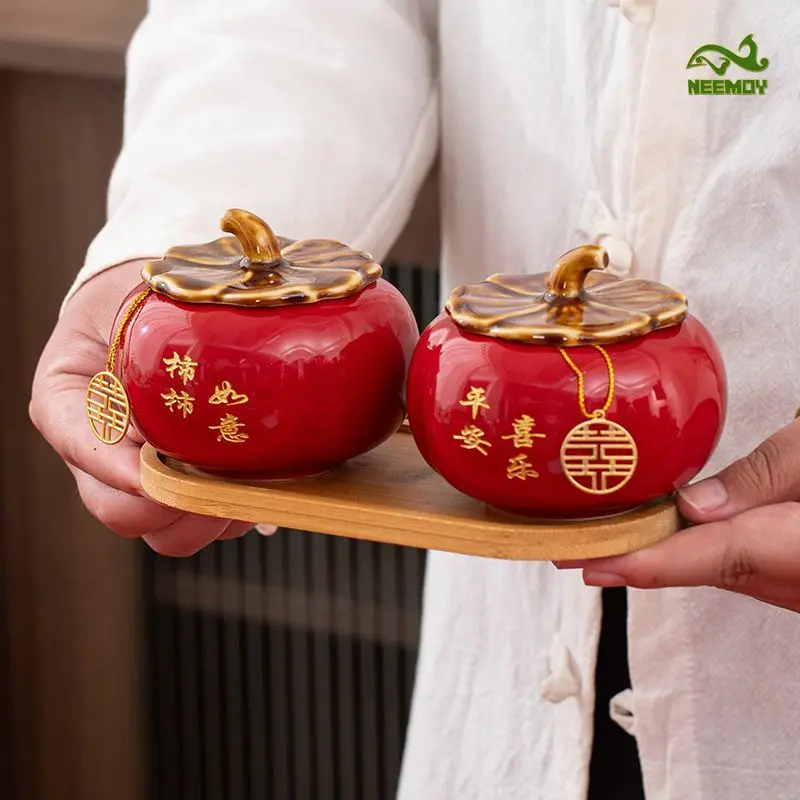Persimmon Ruyi Ceramic Tea Jar Persimmon Jar Living Room Entrance Desktop Decoration Ornament Business Event Companion Ornament