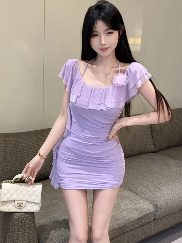2025 roxo plissado bodycon chique babados sexy mini vestido feminino elegante casual kawaii vestido de verão moda coreana vestido de uma peça