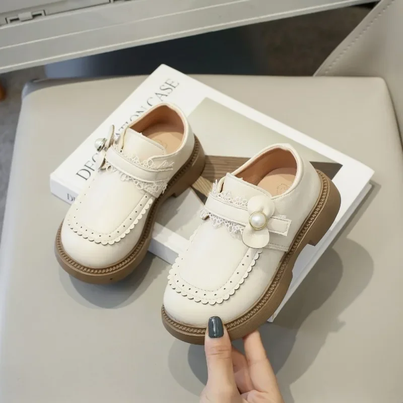 

Lolita Style Sweet Princess Loafers 2023 Toddler Shoes Girl Bow PU Pearl Elegant Girls Leather Shoes Children Casual Hook & Loop