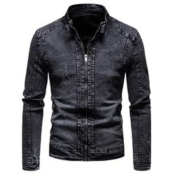 Black Denim Jacket Men Motorcycle Jacket Spring Autumn Slim Fit Jackets Fashion Casual Stand Collar Denim Coat Male