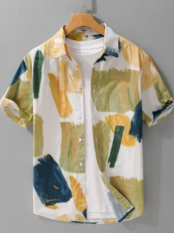 

Повседневная хлопковая рубашка с принтом и коротким рукавом для мужчин, модная городская одежда на весну-осень, удобная свободная рубашка с воротником