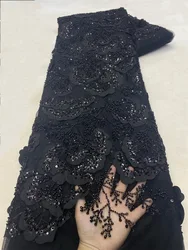 African Lace Fabric 2025 High Quality French 3D Flower Sequins Embroidery Beads Tulle Lace Fabric For Party Dress