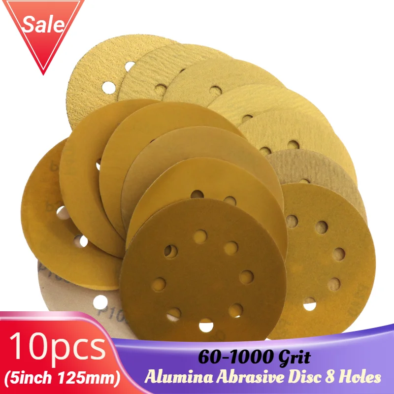 

10 Pcs 5 Inch 125MM 8 Holes Aluminium Oxide 60 to 1000 Grits Hook Loop Sandpaper Sanding Disc for Metal & Automotive Wood