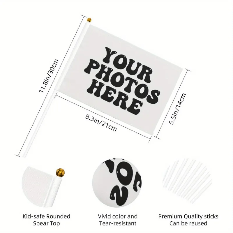 5/ 50/ 100/ 150/ 200pcs Custom Waving Flags, Stick Flags, Handheld Flags with White Poles, for Team Events, Holiday Home Decor