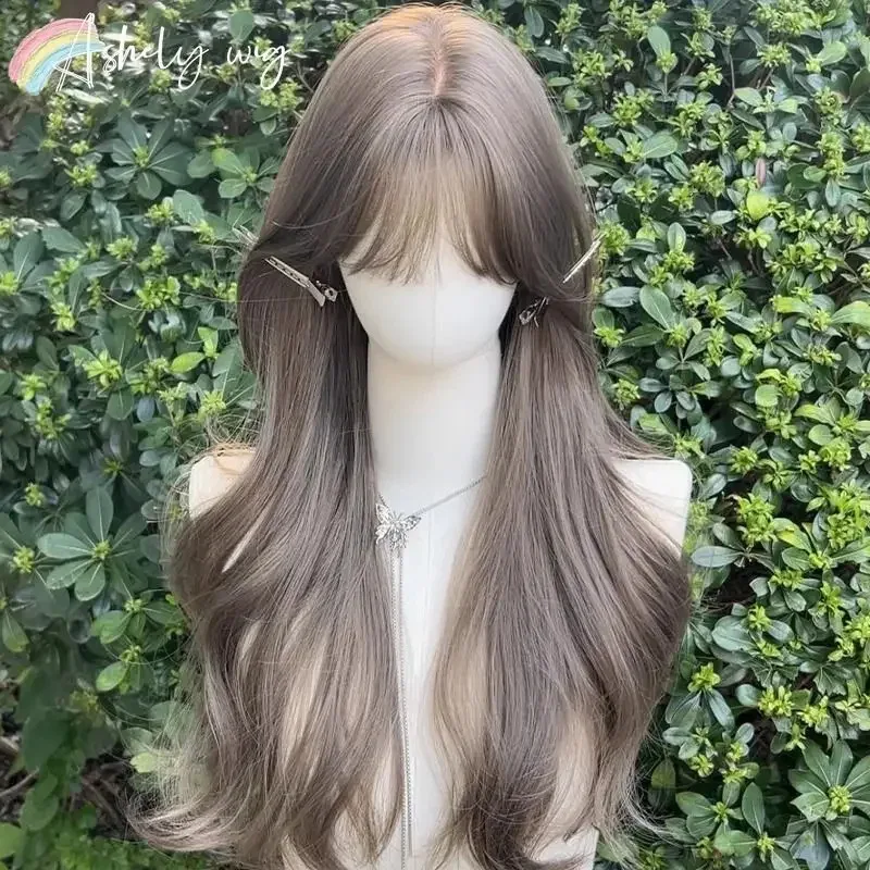 شعر مستعار بني رمادي مع الانفجارات شعر طبيعي طويل مموج 24 بوصة شعر مستعار مموج لوليتا لينة ارتفاع درجة الحرارة الألياف عقال شعر مستعار