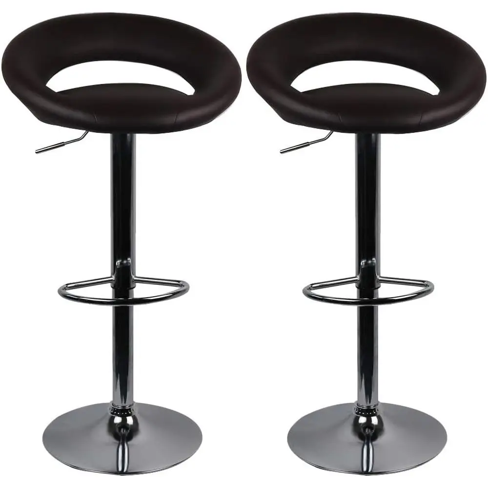 

Set of 2 Brown Leather Adjustable Swivel Bar Stools with Chrome Base for Counter Height Dining