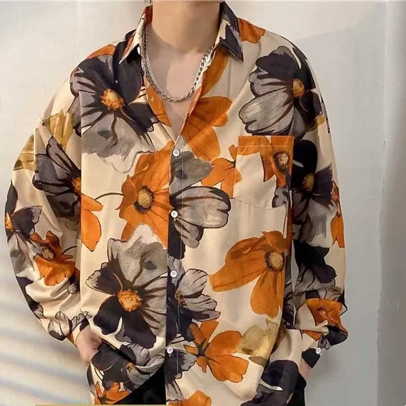 Hong Kong Style Floral Floral All Match Printed Shirt Retro Spring and Autumn New Style Loose Fitting Shirt Long Sleeved Top
