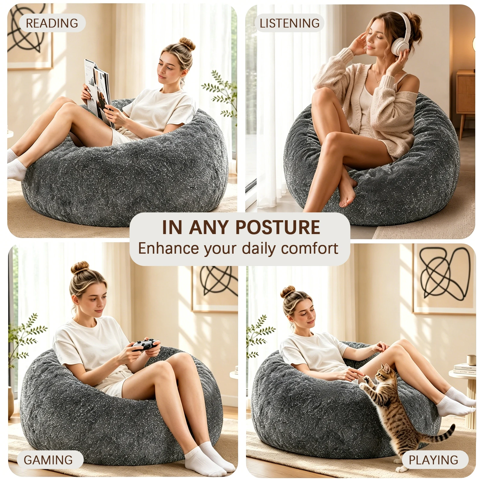 4FT Glitter Fluffy Faux Fur Bean Bag Chair, Vacuum Compressed High Rebound Memory Foam Floor Seat With Hidden Zipper Removable Washable Fabric Cover image 6