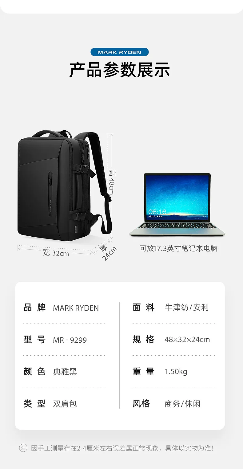 Mark Ryden 17 inch Laptop Backpack Male Bag USB Recharging Multi-layer Space Travel Male Bag Anti-thief Mochila