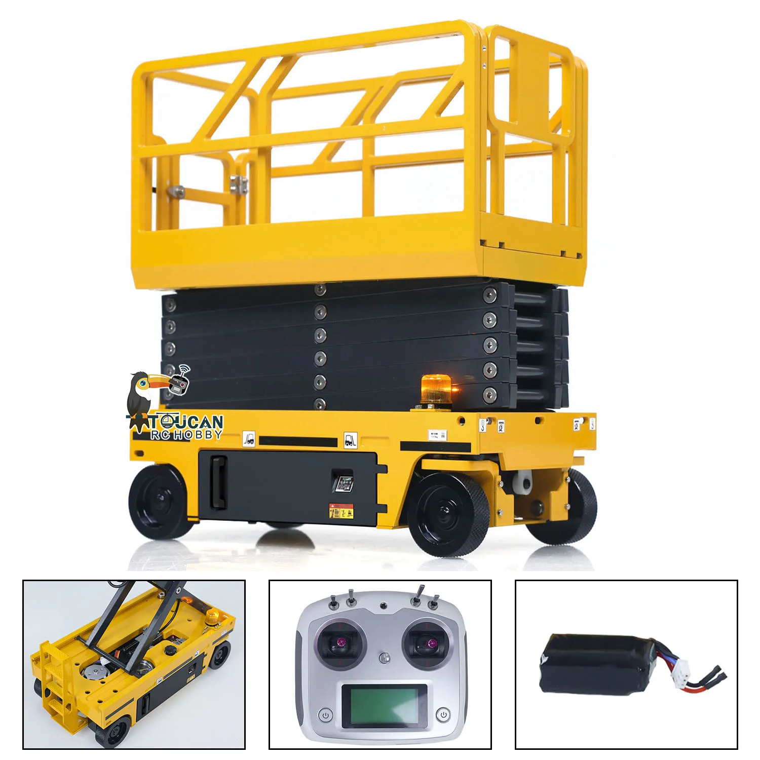 

1/14 CUT Metal RC Hydraulic Scissor Lift Platform Self-propelled Warning Light Flysky I6S Radio Control Industrial Model