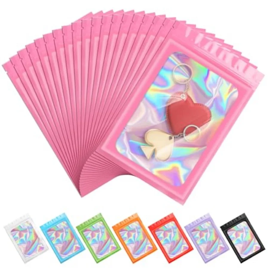 00 Pcs Pink Smell Proof Mylar Bags, Sealable Holographic Packaging Bag, Resealable Zipper Bag with Clear Window for Food Storag