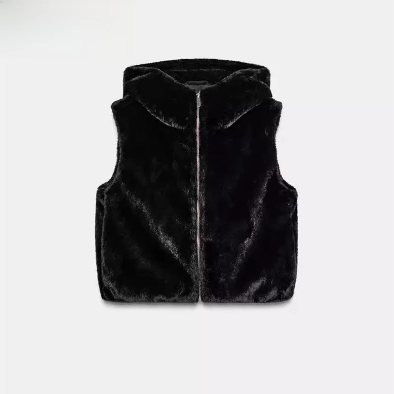 

Новинка 2025, женский модный жилет из искусственного меха с капюшоном, 638800, универсальный цвет на молнии, оригинальный де...