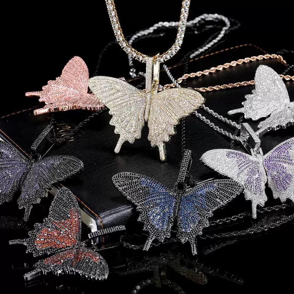 

Hip Hop Iced Out Bling Butterfly Pendant Fashion Charm Necklace Rope Chain Tennis Cuban Chain Rocky Necklaces Women Jewelry