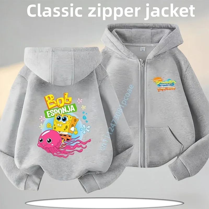 2026 New SpongeBob Cartoon Print New Style Children's Zippered Hooded Sweatshirt Casual Jacket Autumn/Winter Coat Polo Shirt