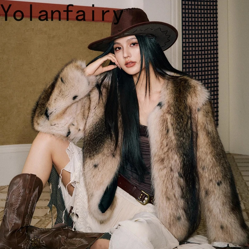 เสื้อโค้ทขนแรคคูนแท้จากอเมริกา แบรนด์ YOLANFAIRY สำหรับฤดูหนาว ผสมหนัง คอทรงกลม สไตล์ยุคกลาง รุ่นปี 2025