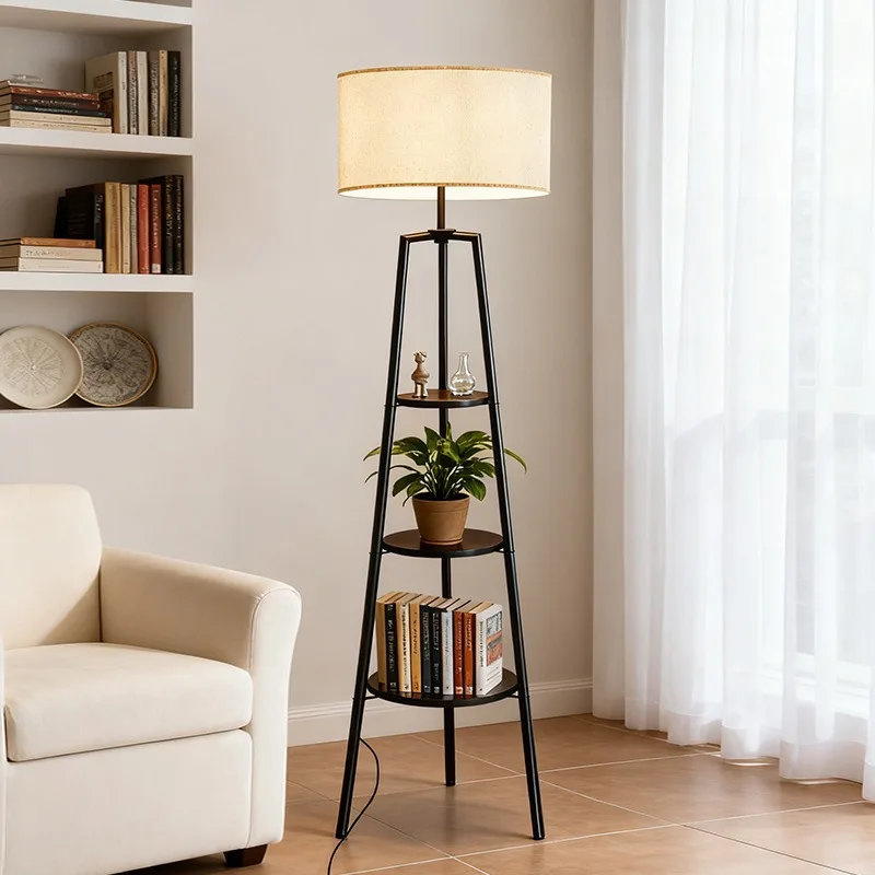 Floor Lamp with 3-Tier Shelves, 160cm Tall Standing Light with Linen Lampshade for Living Room Bedroom