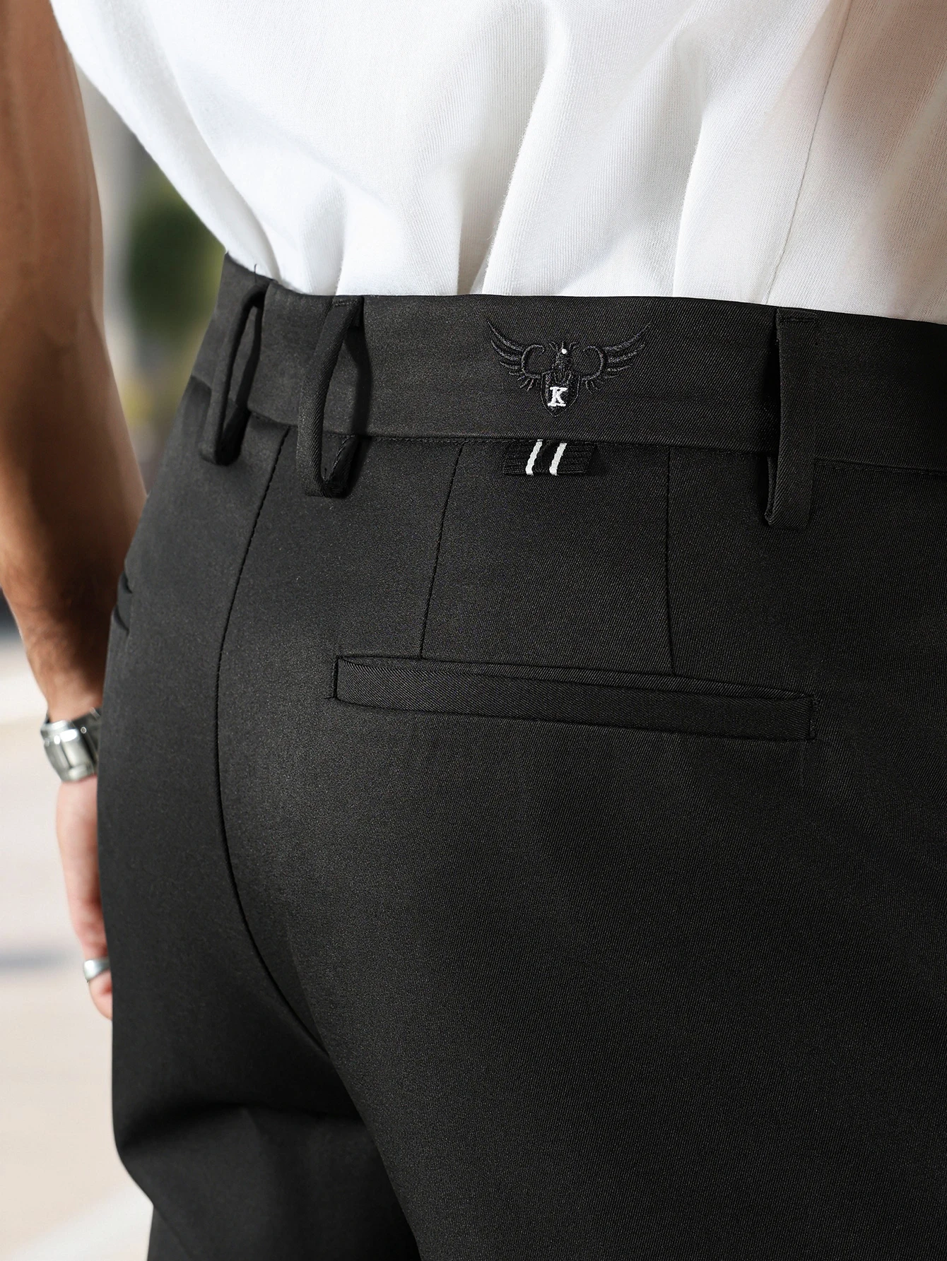 Men Eagle Embroidery Back Waist Ankle Dress Pants Polyester Wrinkle Free Tapered Cropped Suit Trousers Business Black Chinos