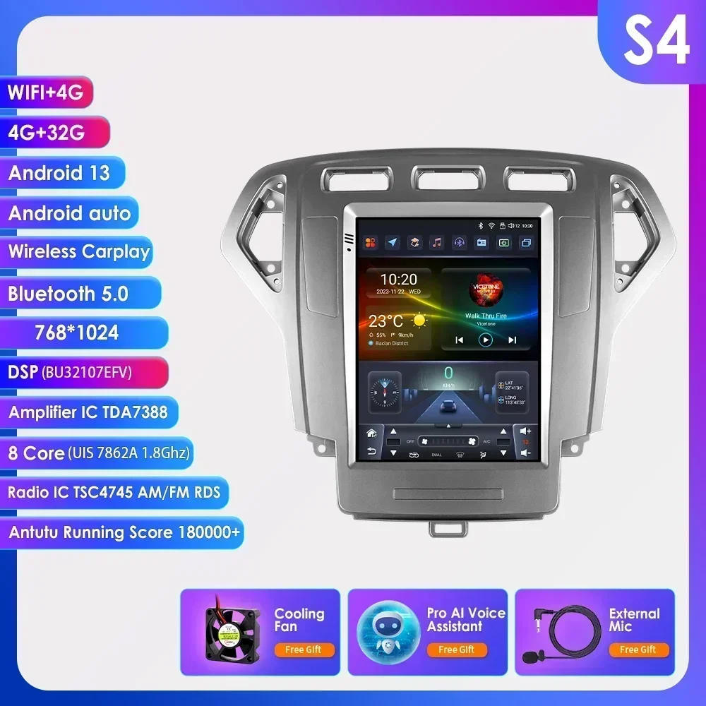 Carplay 4G-LTE Android 14 voor Ford Mondeo 4 2006-2010 9.7 ''Scherm Autoradio Multimedia Video Navigatie GPS Audio