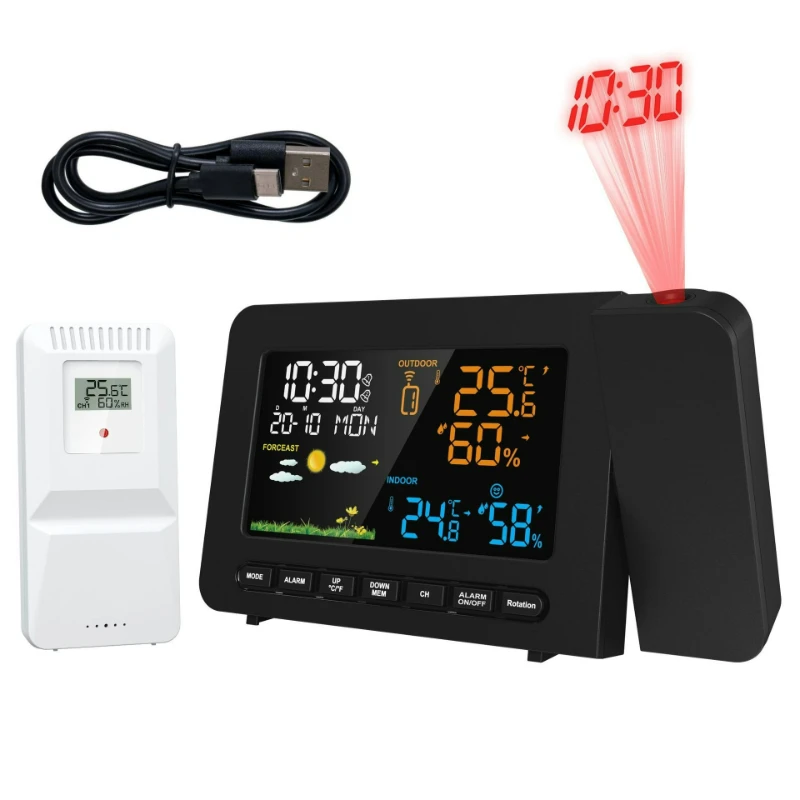 Home Weather Station Alarm Clock with Projected Weather Monitor Calendar Backlit Desk Clock with Wireless Remote Sensor