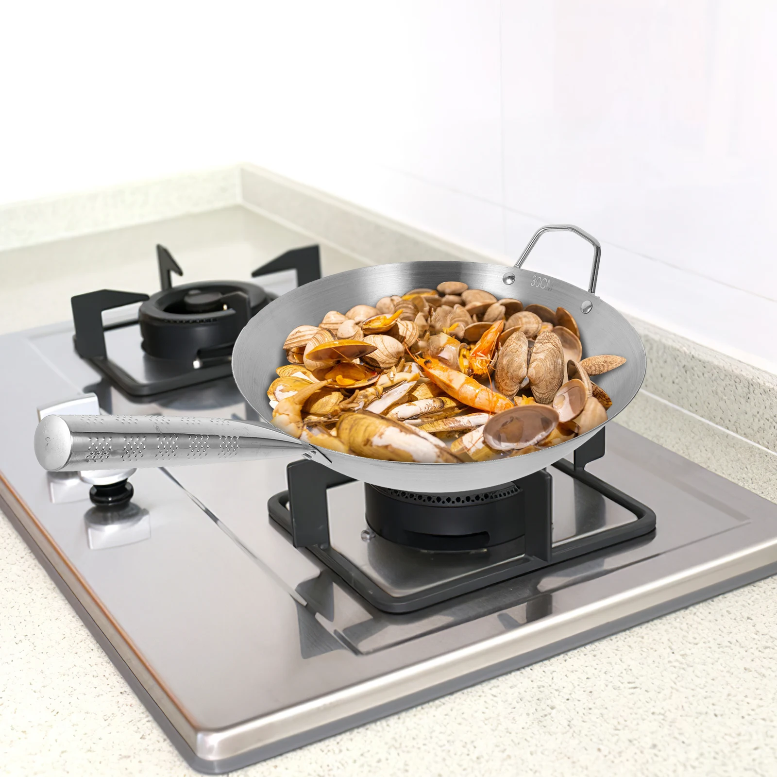 

Wok Stainless Steel with Lid Chinese Pan Frying Bakeware Without Coating Deep Pot Silver Non Stick Frypan
