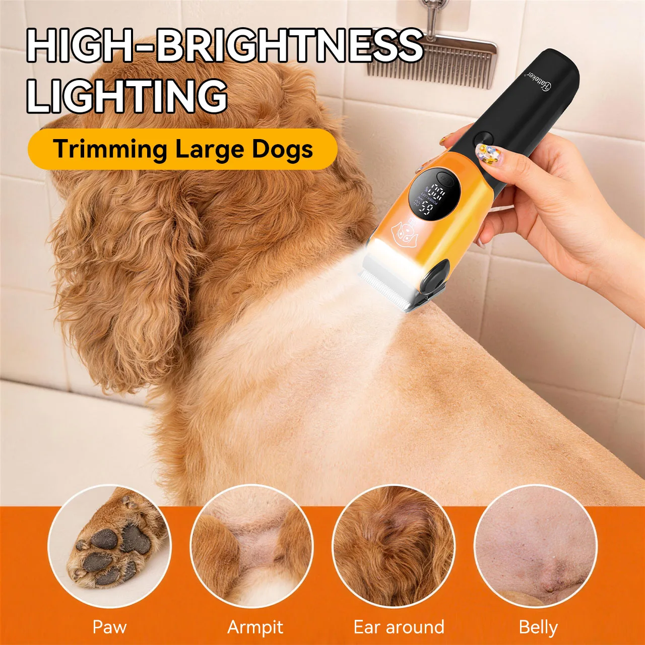 Tierhaarschneider mit LED-Licht, Farbcodierte Aufsteckkämme in Verschiedenen Größen, Intelligentes LCD-Digital-Display, Wiederaufladbarer Kabelloser Hunde- und Katzen-Trimmer – Detail 6